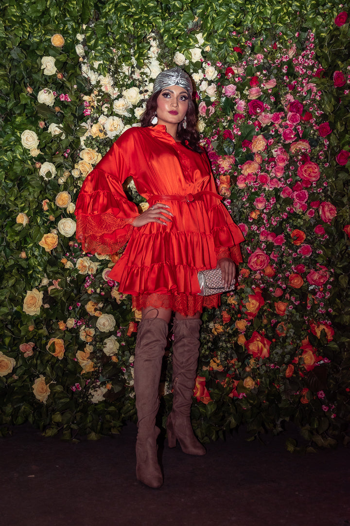 Orange Layered Satin & Lace Dress