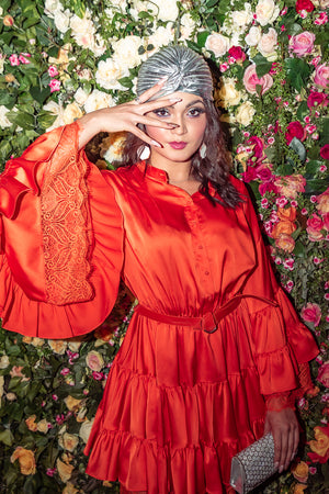 Orange Layered Satin & Lace Dress